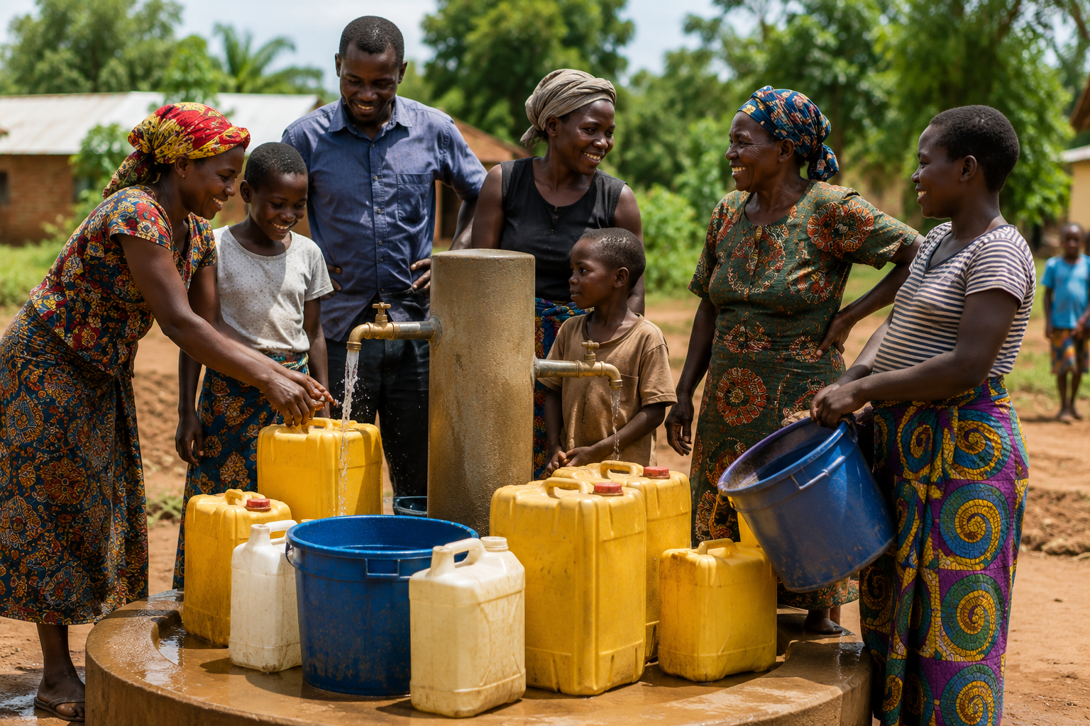 A Save the Rain team member and school staff beside a completed rainwater tank