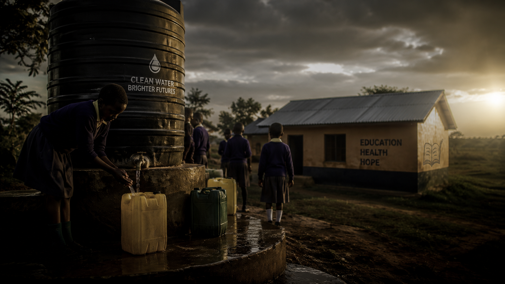 A rural Ugandan school with a newly installed rainwater harvesting tank, students nearby