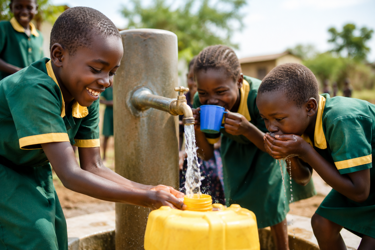 Students collecting clean water from a newly installed tank
